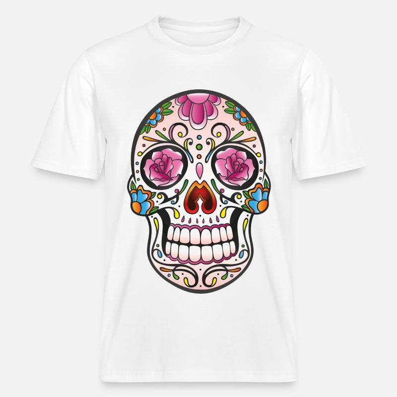Mexican Sugar Skull, day of the dead -  T-shirt unisexe RELAXED FIT en coton bio - blanc