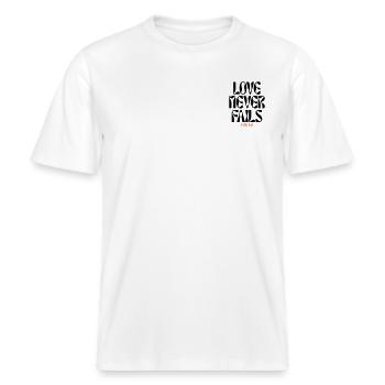 L’amour ne s’arrête jamais -  T-shirt unisexe RELAXED FIT en coton bio - blanc - Devant - Alina (178cm) & Michal (187cm)