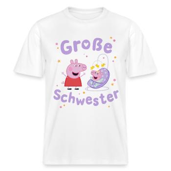Peppa Pig Design Große Schwester Peppa Mit Evie -  RELAXED FIT Unisex Organic T-Shirt - Weiß - Vorne - Alina (178cm) & Michal (187cm)