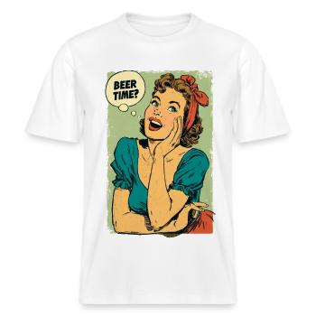 Bierzeit Retro-Pin-Up -  RELAXED FIT Unisex Organic T-Shirt - Weiß - Vorne - Alina (178cm) & Michal (187cm)