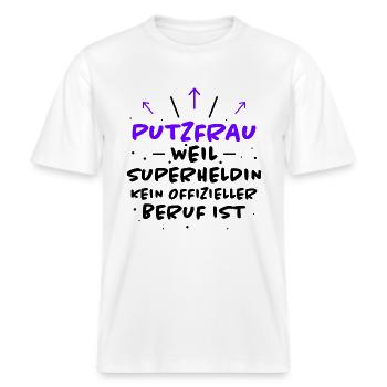 Putzfrau Spruch Reinigungskraft Putzfrau Geschenk -  RELAXED FIT Unisex Organic T-Shirt - Weiß - Vorne - Alina (178cm) & Michal (187cm)