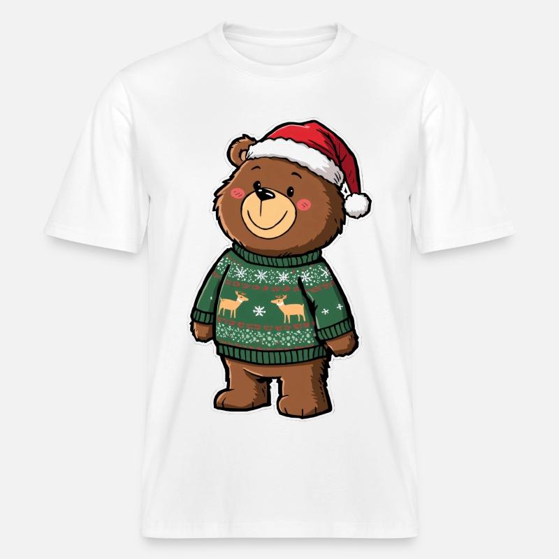 Ours mignon avec pull de Noël - T-shirt unisexe RELAXED FIT en coton bio - blanc