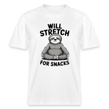 Yoga Food Humor: Will Stretch for Snacks -  RELAXED FIT Unisex Organic T-Shirt - white - Front - Alina (178cm) & Michal (187cm)