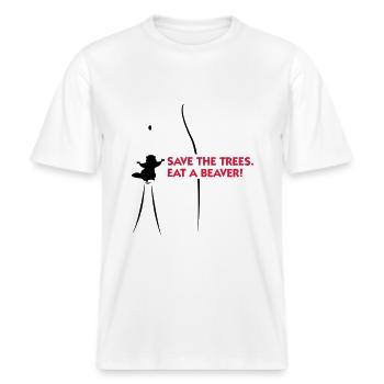 Sauver les arbres. Mangez un castor. -  T-shirt unisexe RELAXED FIT en coton bio - blanc - Devant - Alina (178cm) & Michal (187cm)
