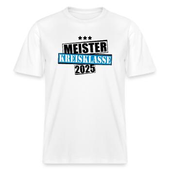 Meister Kreisklasse 2025 Aufstiegstrikot -  RELAXED FIT Unisex Organic T-Shirt - Weiß - Vorne - Alina (178cm) & Michal (187cm)