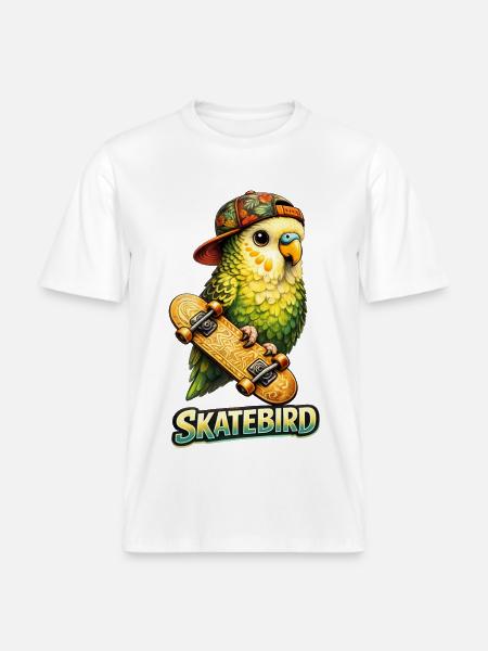 Skatebird – Tropical Parrot with Skateboard & Ca -  RELAXED FIT Unisex Organic T-Shirt - white
