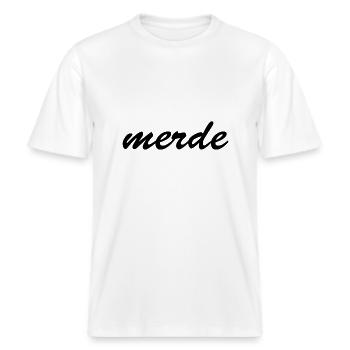 Merde – französischer Ausdruck mit Humor -  RELAXED FIT Unisex Organic T-Shirt - Weiß - Vorne - Alina (178cm) & Michal (187cm)