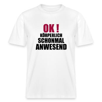 körperliche anwesenheit -  RELAXED FIT Unisex Organic T-Shirt - Weiß - Vorne - Alina (178cm) & Michal (187cm)
