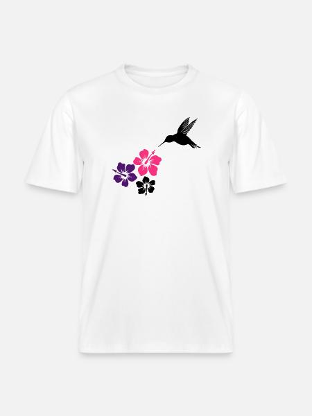 Colibri avec des fleurs d'hibiscus -  T-shirt unisexe RELAXED FIT en coton bio - blanc