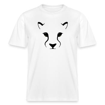 Raubkatzenblick – Eleganz mit Biss -  RELAXED FIT Unisex Organic T-Shirt - Weiß - Vorne - Alina (178cm) & Michal (187cm)