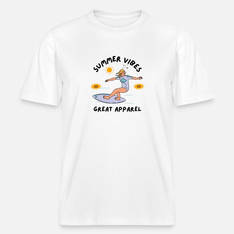 Surfeur d’été sur une planche de surf -  T-shirt unisexe RELAXED FIT en coton bio - blanc