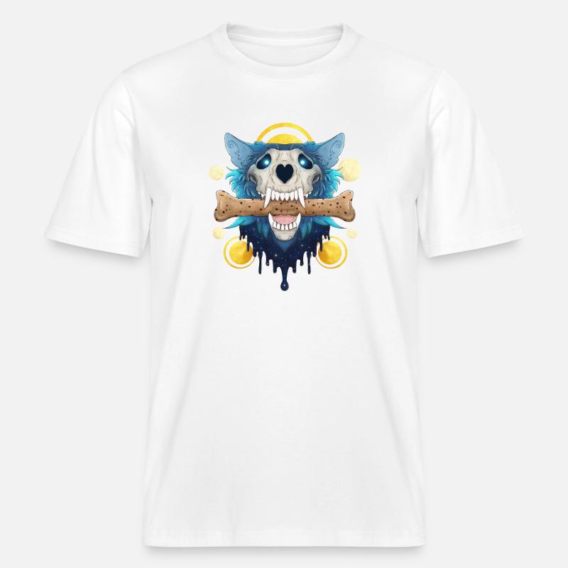 Hellhound Skull Gold - Dämonischer Wolf & Keksknochen -  RELAXED FIT Unisex Organic T-Shirt - Weiß