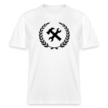 Tool logo for construction worker -  RELAXED FIT Unisex Organic T-Shirt - white - Front - Alina (178cm) & Michal (187cm)