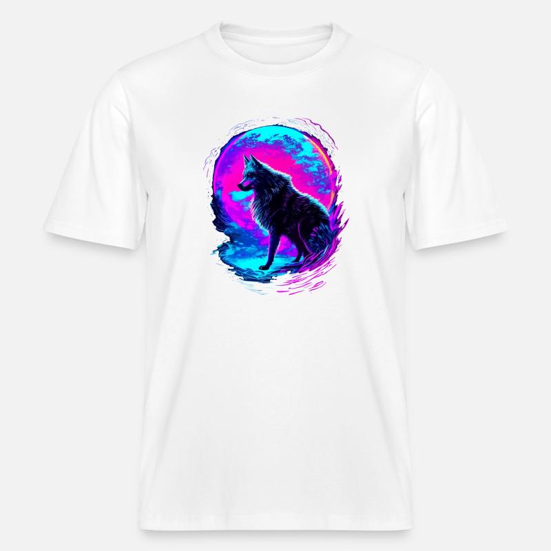 Wolf Neon Moon Synthwave - T-shirt unisexe RELAXED FIT en coton bio - blanc