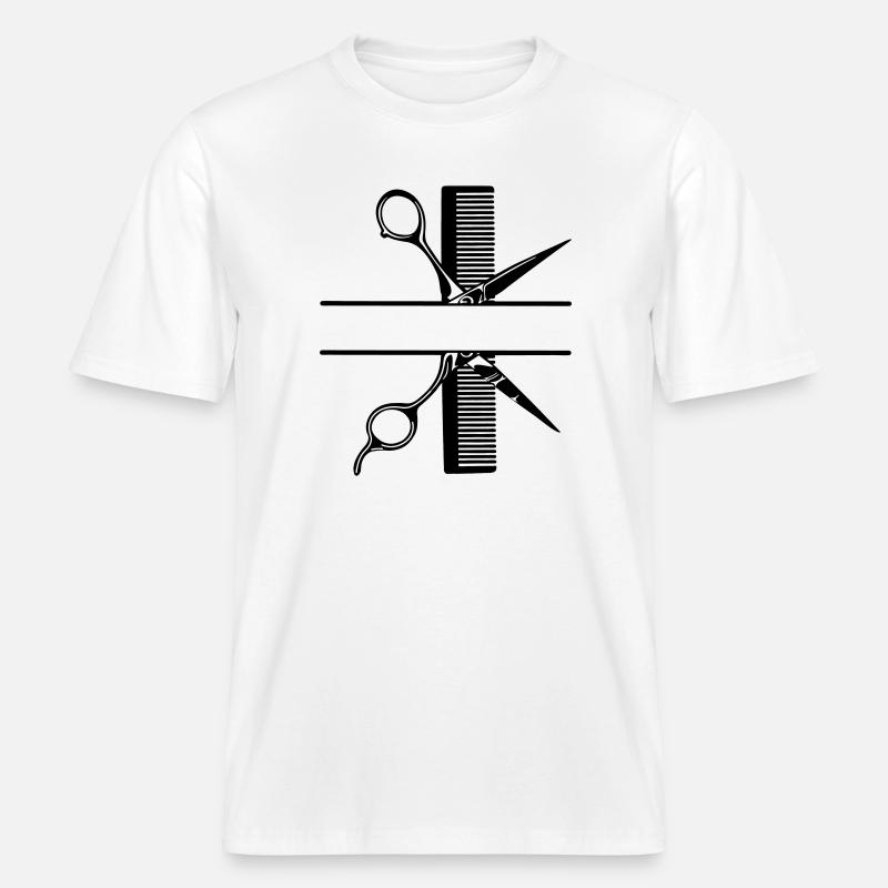 Scissors with comb text banner - RELAXED FIT Unisex Organic T-Shirt - white