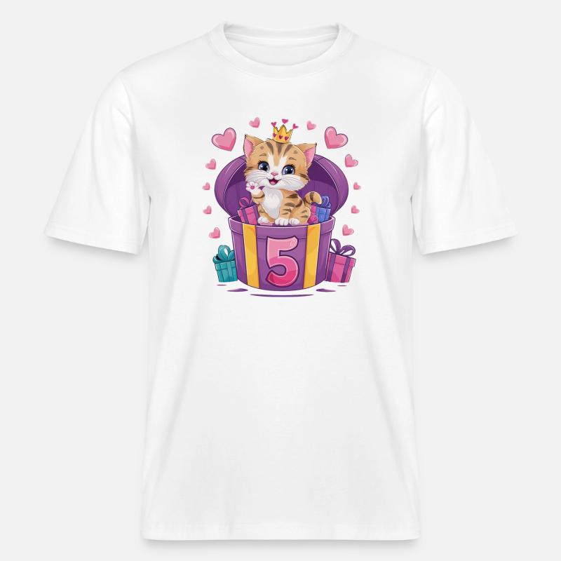 Chat mignon - 5e anniversaire - 5 ans -  T-shirt unisexe RELAXED FIT en coton bio - blanc