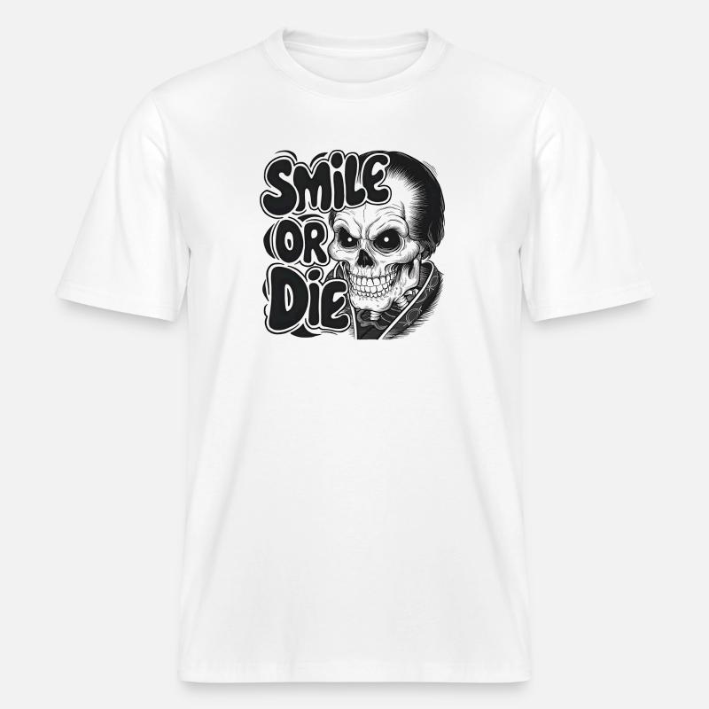 Vampirskelett mit Text Lächeln oder Sterben -  RELAXED FIT Unisex Organic T-Shirt - Weiß