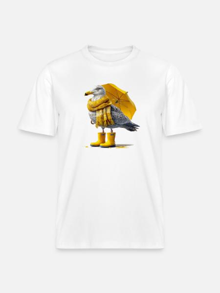 Seagull with yellow umbrella and boots - RELAXED FIT Unisex Organic T-Shirt - white