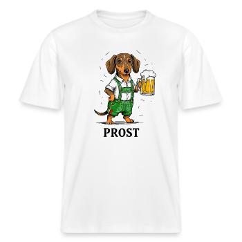 Prost Bier Dackel Lederhose Bayern Tracht Bierzelt -  RELAXED FIT Unisex Organic T-Shirt - Weiß - Vorne - Alina (178cm) & Michal (187cm)