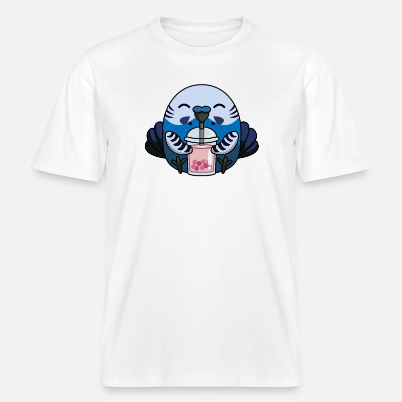 Blauer Wellensittich Vogel mit Bubble Tea -  RELAXED FIT Unisex Organic T-Shirt - Weiß