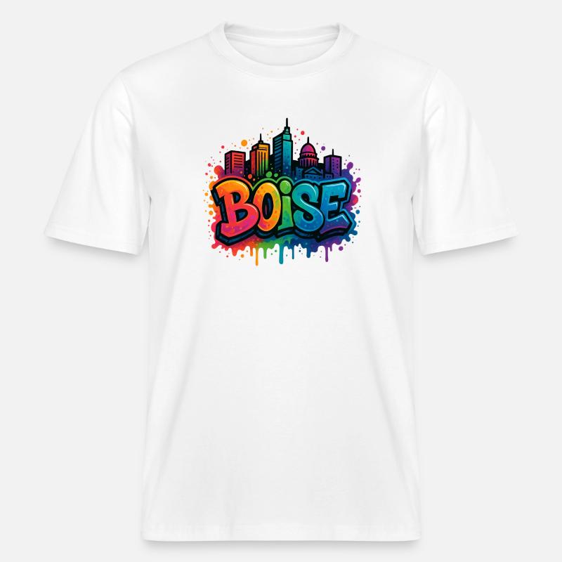 Skyline de graffitis de Boise -  T-shirt unisexe RELAXED FIT en coton bio - blanc