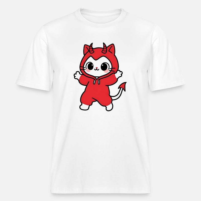 Cat Devil Kapuzenpullover Rot -  RELAXED FIT Unisex Organic T-Shirt - Weiß