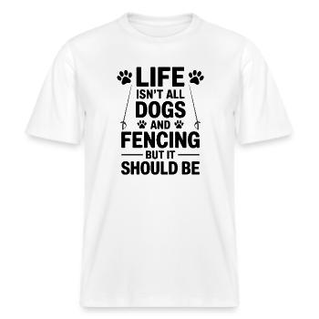 Fechten Sprüche Hunde Lustiges Fechten Geschenk -  RELAXED FIT Unisex Organic T-Shirt - Weiß - Vorne - Alina (178cm) & Michal (187cm)