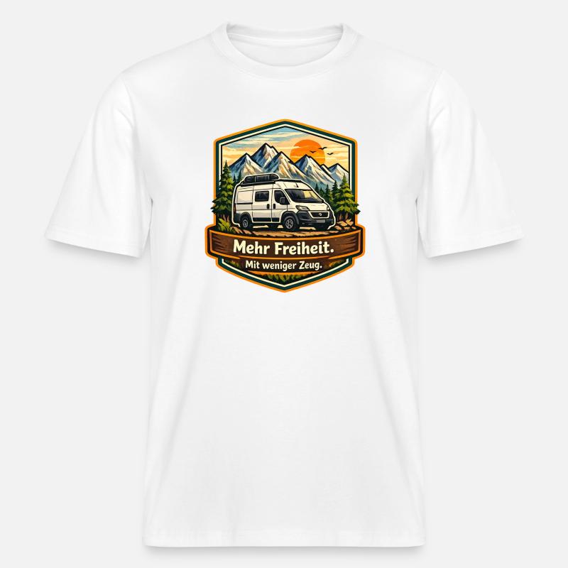 Camping—Plus de liberté—avec moins de choses—camper -  T-shirt unisexe RELAXED FIT en coton bio - blanc