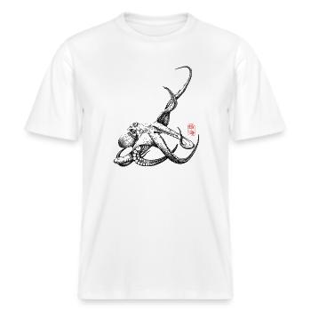 Krake mit Kanji Stamp -  RELAXED FIT Unisex Organic T-Shirt - Weiß - Vorne - Alina (178cm) & Michal (187cm)