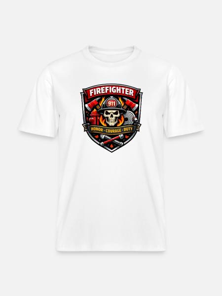 Firefighter Badge Skull Flames -  RELAXED FIT Unisex Organic T-Shirt - white