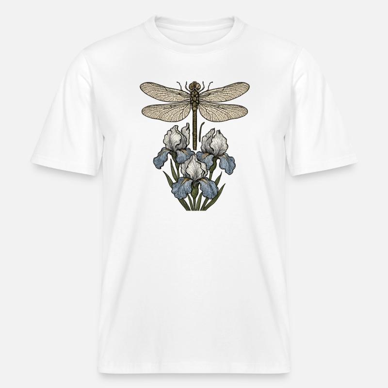Libellule sur fleurs d’iris -  T-shirt unisexe RELAXED FIT en coton bio - blanc