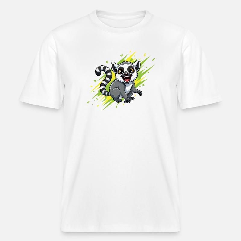 Fröhlicher Lemur mit Strahlenhintergrund -  RELAXED FIT Unisex Organic T-Shirt - Weiß