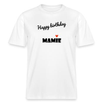 HAPPY BIRTHDAY. GRANNY. MAMMA. GRANDMOTHER. PARTY -  RELAXED FIT Unisex Organic T-Shirt - white - Front - Alina (178cm) & Michal (187cm)