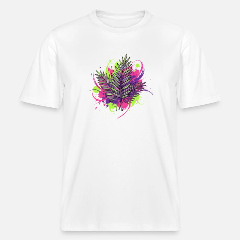 Feuille tropicale néon avec des éclaboussures de peinture -  T-shirt unisexe RELAXED FIT en coton bio - blanc