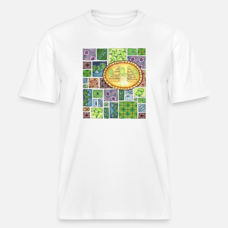 Bali temple on pattern patchwork -  RELAXED FIT Unisex Organic T-Shirt - Weiß
