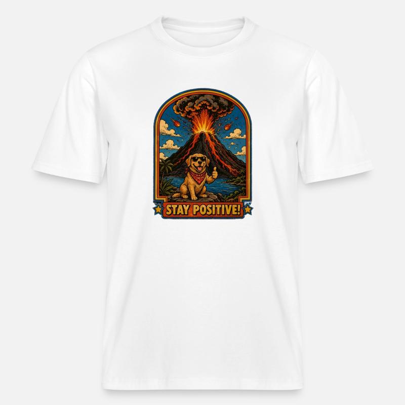 Chien devant un volcan – Restez positif -  T-shirt unisexe RELAXED FIT en coton bio - blanc