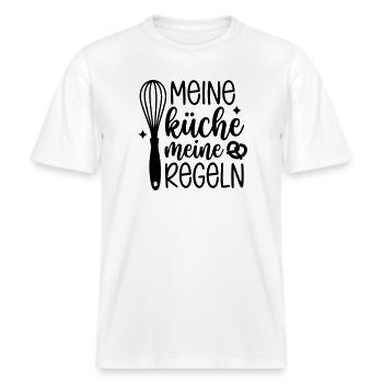 Meine Küche – Meine Regeln | Lustiger Koch Spruch -  RELAXED FIT Unisex Organic T-Shirt - Weiß - Vorne - Alina (178cm) & Michal (187cm)