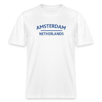 Amsterdam – Niederländisches Textdesign -  RELAXED FIT Unisex Organic T-Shirt - Weiß - Vorne - Alina (178cm) & Michal (187cm)