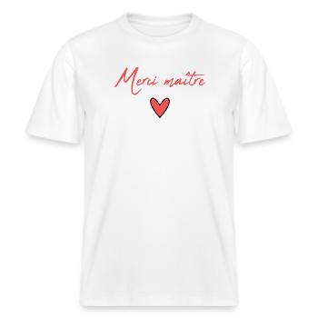 MERCI. MAÎTRESSE. MAÎTRE. MERCI MAÎTRESSE -  T-shirt unisexe RELAXED FIT en coton bio - blanc - Devant - Alina (178cm) & Michal (187cm)