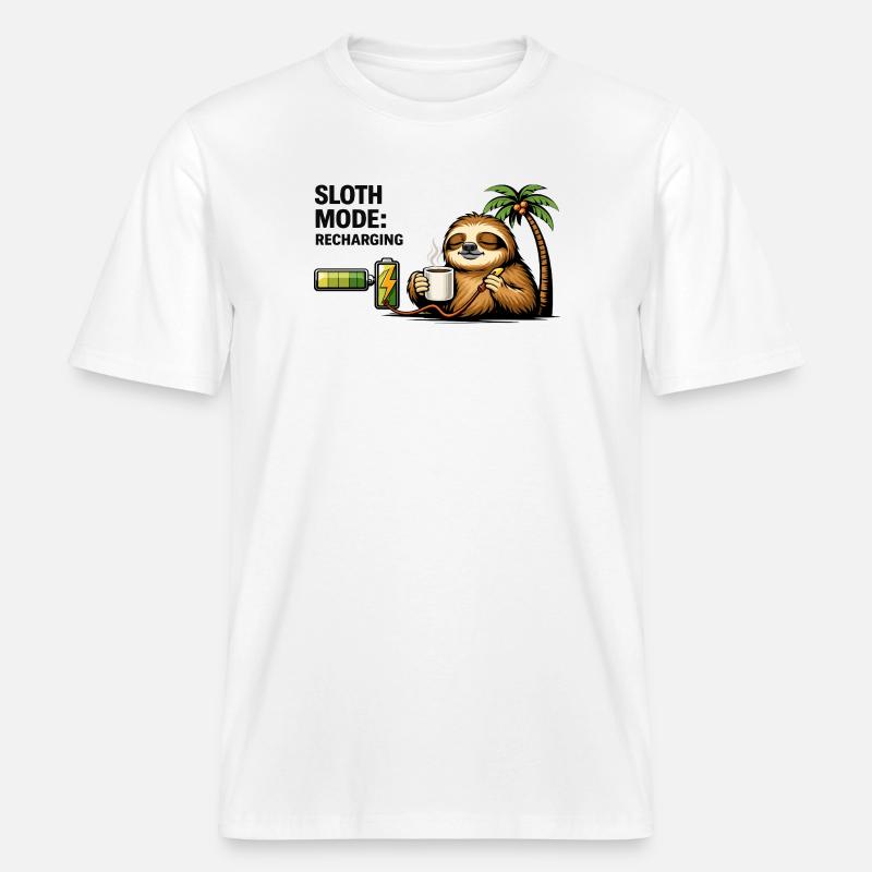 Sloth Mode Recharging Coffee -  RELAXED FIT Unisex Organic T-Shirt - white