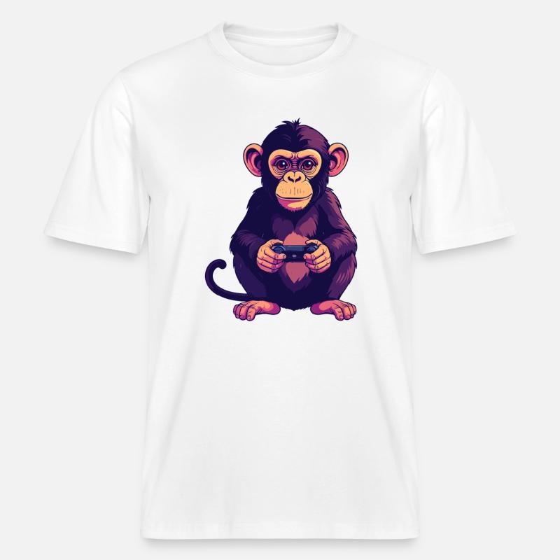 Monkey on controller playing console gaming -  RELAXED FIT Unisex Organic T-Shirt - white