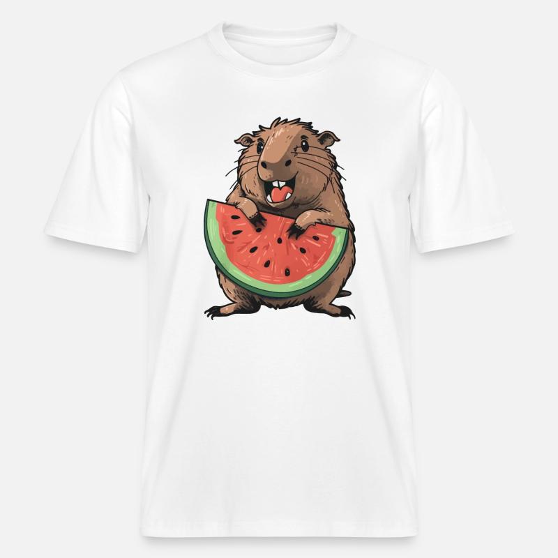 Capybara mangeant de la pastèque -  T-shirt unisexe RELAXED FIT en coton bio - blanc