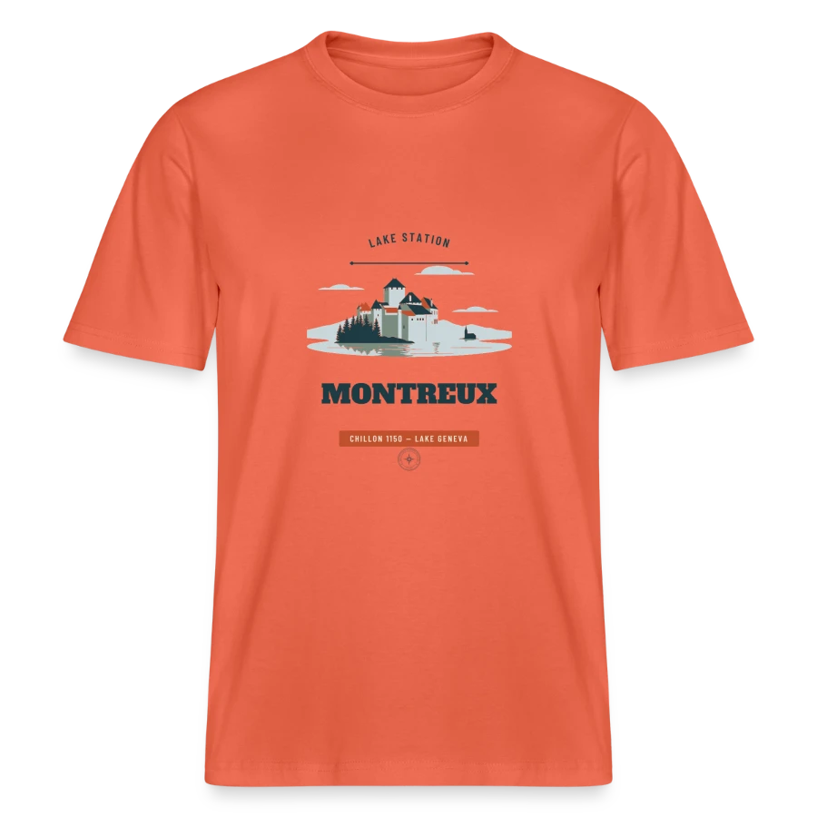 Montreux badge on a  relaxed fit unisex organic t-shirt, light red, front
