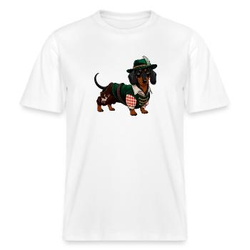 Dackel Bayrische Tracht -  RELAXED FIT Unisex Organic T-Shirt - Weiß - Vorne - Alina (178cm) & Michal (187cm)