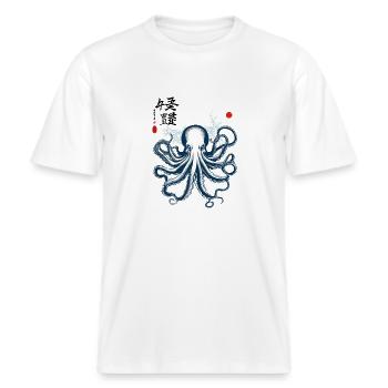 Oktopus Japan Kanji Ukiyo-E Kunst Meer Design -  RELAXED FIT Unisex Organic T-Shirt - Weiß - Vorne - Alina (178cm) & Michal (187cm)