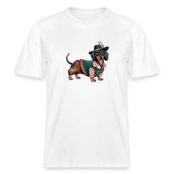 Bayerischer Dackel rot weißes Hemd Tracht Bayern -  RELAXED FIT Unisex Organic T-Shirt - Weiß - Vorne - Alina (178cm) & Michal (187cm)