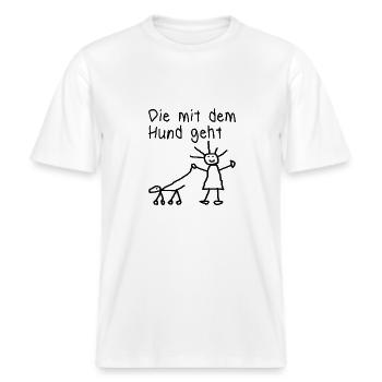 lustiges Hunde Spruch Geschenk Hund Vierbeiner wuf -  RELAXED FIT Unisex Organic T-Shirt - Weiß - Vorne - Alina (178cm) & Michal (187cm)