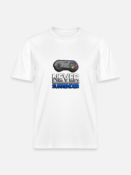 NEVER SURRENDER (Blue) + SNES Controller - Gaming -  RELAXED FIT Unisex Organic T-Shirt - white