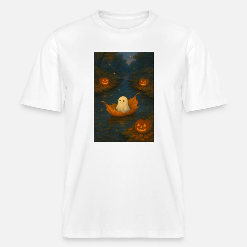 Fantôme mignon dans le feuillage d’automne -  T-shirt unisexe RELAXED FIT en coton bio - blanc