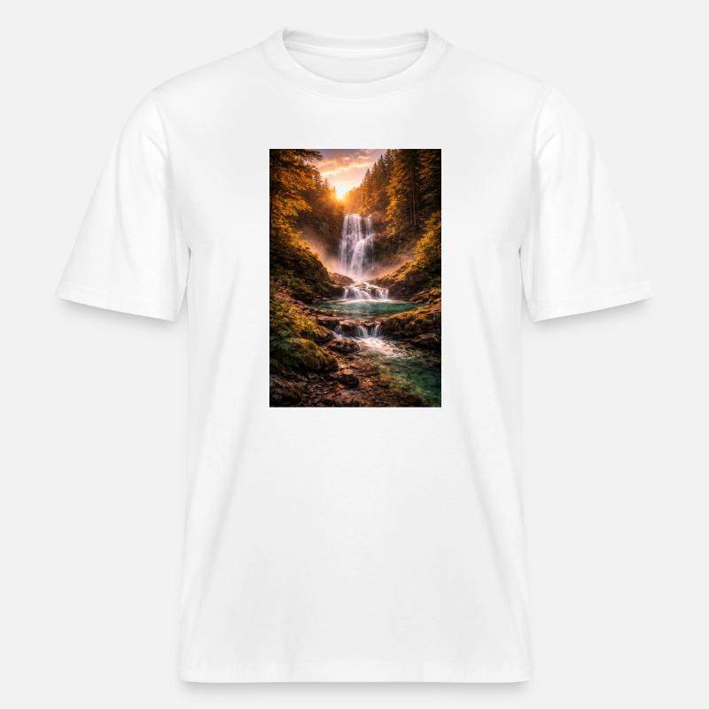 Wasserfall in der Abendsonne -  RELAXED FIT Unisex Organic T-Shirt - Weiß